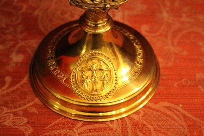 Chalice Complete With Paten Spoon And Original Case  en Brass / Bronze, Belgium 19th century