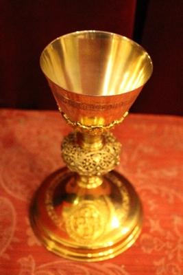 Chalice Complete With Paten Spoon And Original Case  en Brass / Bronze, Belgium 19th century