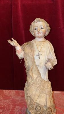 Child Jesus Statue en Hand - Carved Wood Dressed / Glass Eyes, Spain 19 th century ( Anno 1865 )