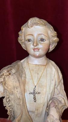 Child Jesus Statue en Hand - Carved Wood Dressed / Glass Eyes, Spain 19 th century ( Anno 1865 )