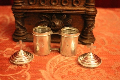 Chrismatoria With Original Box en full silver / Hand - Carved Oak Box, Belgium 19th century