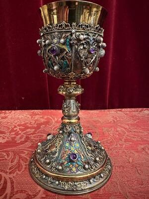 Exceptional Chalice ! style Classical en SILVER GILT , ENAMEL , FLORAL DECORATION , AMETHYST CABOCHONS , PEARLS, Hungary 19 th century