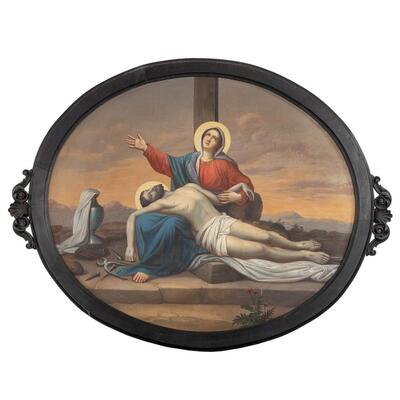 High Quality Large Painting Pieta style Classicistic en Painted on Linen / Wooden Frame, Belgium  19 th century ( Anno 1865 )