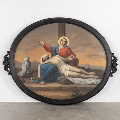 High Quality Large Painting Pieta style Classicistic en Painted on Linen / Wooden Frame, Belgium  19 th century ( Anno 1865 )