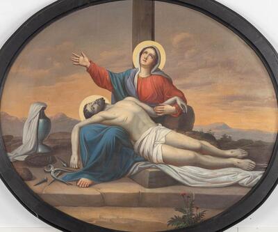 High Quality Large Painting Pieta style Classicistic en Painted on Linen / Wooden Frame, Belgium  19 th century ( Anno 1865 )