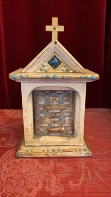 Mulit Reliquary - Relics Ex Ossibus 25 Important Female Saints Margarite / Agnes / Julia /  Christina / Agatha / Paula / Thecla / & More. style Classicistic en Wood / Glass / Originally Sealed / Stones, France 19 th century