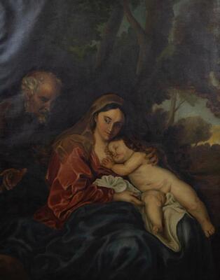 Painting The Holy Family Rests During Flight To Egypt After Anton Van Dyck style Classicistic en Oil on Canvas, Flemish 19 th century ( Anno 1845 )