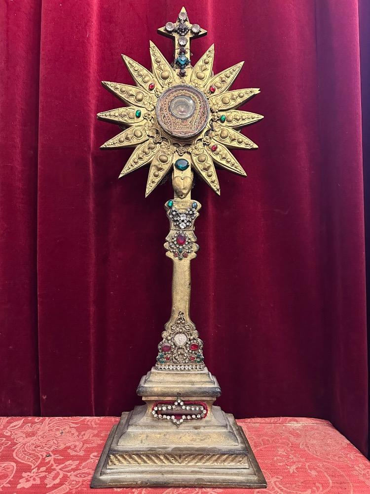 1 Classicistic Reliquary Monstrance Containing Ex Ossibus Relics Of St. Gentius Of Monteux Multiple Relics Added At The Backside.