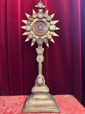 Reliquary Monstrance Containing Ex Ossibus Relics Of St. Gentius Of Monteux Multiple Relics Addid At The Backside. style Classicistic en Wood / Glass / Cabochons ( Stones ), France 19 th century ( Anno 1855 )