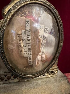 Reliquary Monstrance Containing Ex Ossibus Relics Of St. Gentius Of Monteux Multiple Relics Addid At The Backside. style Classicistic en Wood / Glass / Cabochons ( Stones ), France 19 th century ( Anno 1855 )