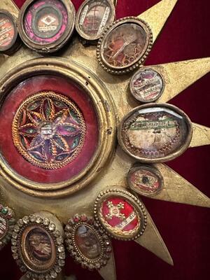 Reliquary Monstrance Containing Ex Ossibus Relics Of St. Gentius Of Monteux Multiple Relics Addid At The Backside. style Classicistic en Wood / Glass / Cabochons ( Stones ), France 19 th century ( Anno 1855 )
