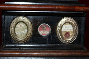 Cross-Reliquary Ostensorium  Containing 28 Originally Sealed Relics. en wood polychrome, Belgium 19th century ( anno 1855 )