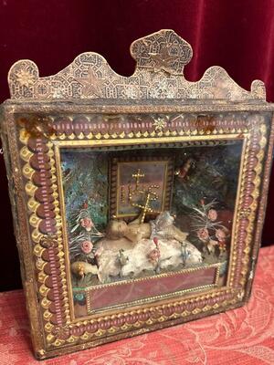 Devotion Shrine Child Jesus In Wax Monastery - Work  en Fully Handmade / Glass / Brocade, Southern Germany 19 th century ( Anno 1845 )