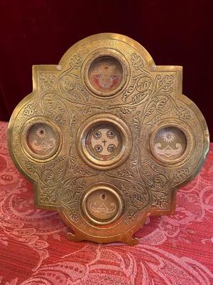Exceptional Ostensorium True Cross. Ex Velo B.M.V.  / Joseph / Petrus & Paulus en Brass / Gilt, Belgium 19th century