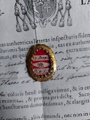 Exceptional Rare And Very Important Hand-Made Solid Golden Theca Ex Sanquine ( Blood ) D.N.J.C. Original And Sealed Document By The Arch - Bishop Of Ferrara ( Bologna ) Italy Signed First In 1745 Italy 18 th century ( Anno 1755 )