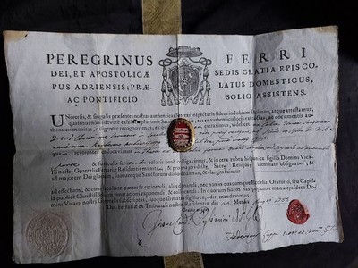 Exceptional Rare And Very Important Hand-Made Solid Golden Theca Ex Sanquine ( Blood ) D.N.J.C. Original And Sealed Document By The Arch - Bishop Of Ferrara ( Bologna ) Italy Signed First In 1745 Italy 18 th century ( Anno 1755 )