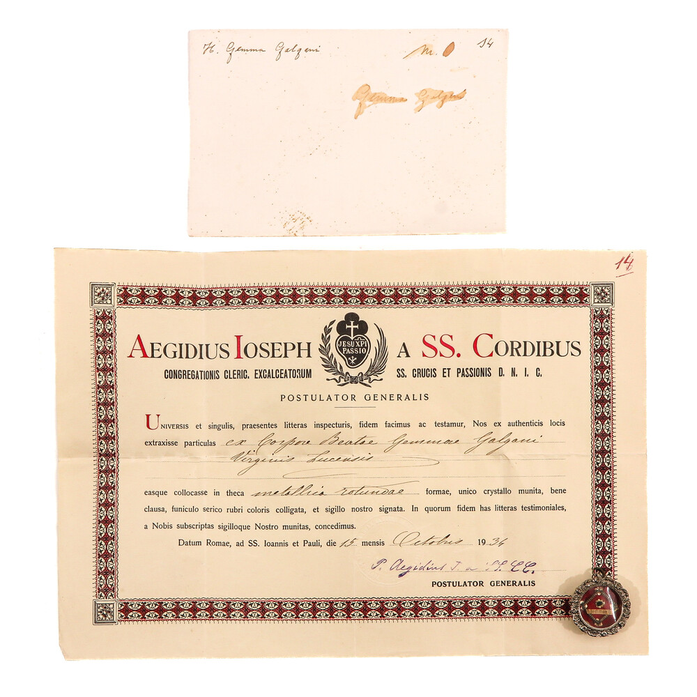 1  First Class Reliquary - Ex Corpore Relic B. Gemma Galgani With Original Document