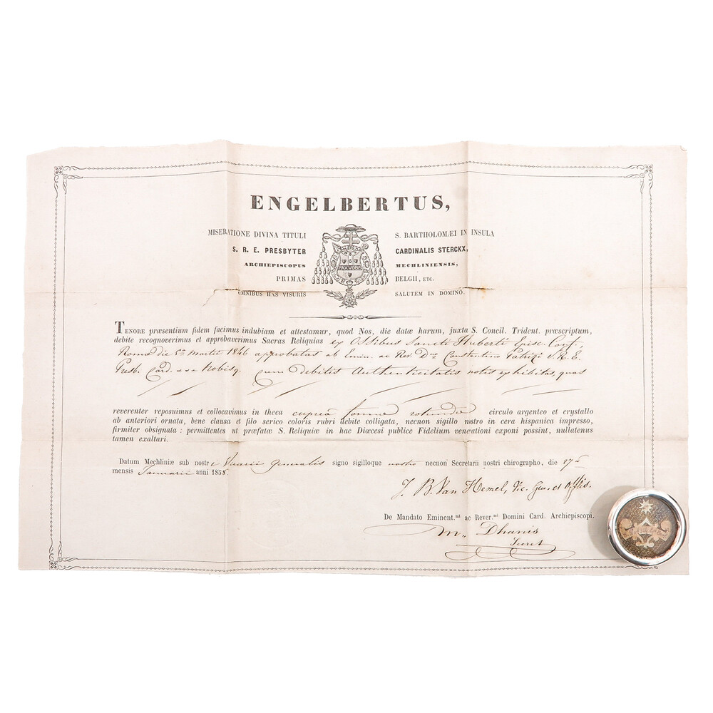 1  First Class Reliquary - Relic Ex Ossibus St. Hubertus With Original Document