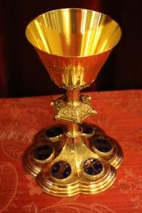 Full Silver / Gilt Chalice Gothic-Style / Enamel Medallions / Engraving / Signed By Bourdon At Gand – Belgium / 1893 en Full - Bronze - Gilt, Belgium 19th century