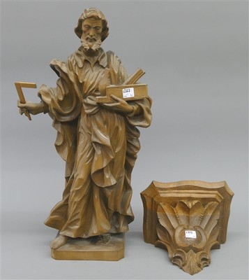 1  Fully Hand-Carved Sculpture St. Joseph As A Carpenter. Complete With Wall-Console.