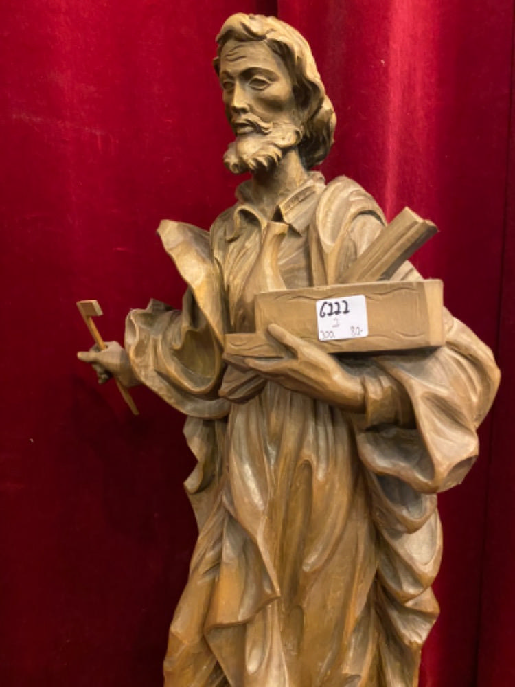 1  Fully Hand-Carved Sculpture St. Joseph As A Carpenter. Complete With Wall-Console.