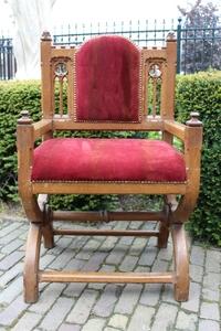 Chair. Completely & Professionally Refit According To The Traditional Methods And With Original Materials. style Gothic en Oak wood / Red Velvet, Belgium 19th century