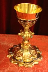 1 Gothic Exceptional And High Quality Full Silver / Gilt Gothic-Style Chalice / Enamel Medallions And Applications / Engravings / Silver Imaginations / Various Precious Stones