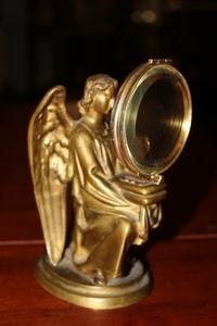 Lunula Holder Angel style gothic en Bronze / gilt / Lunula full silver, France 19th century