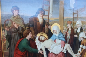 Station Of The Cross style Gothic en Painted on linen, Flemish 19th century