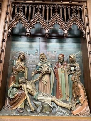 Altar Measures Without Steps. Relief Panels All Wood. style Gothic - style en Oak wood, Izegem Belgium 19th century