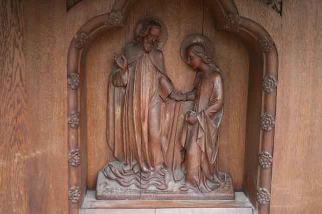 1 Gothic - style Altar + Upper-Part , Oak , Hand-Carved Reliefs , Bronze Tabernacle-Doors