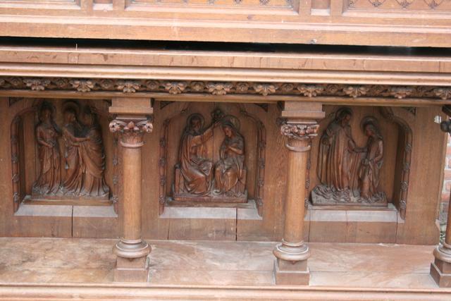1 Gothic - style Altar + Upper-Part , Oak , Hand-Carved Reliefs , Bronze Tabernacle-Doors