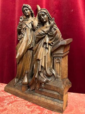 Annunciation Sculpture style Gothic - Style en Hand - Carved Wood Oak, Belgium  19 th century ( Anno 1875 )