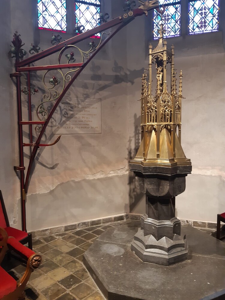 1 Gothic - style Baptismal Font Monumental Belgium Hard-Stone Font With Brass Cover