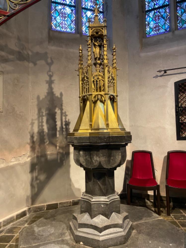 1 Gothic - style Baptismal Font Monumental Belgium Hard-Stone Font With Brass Cover