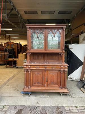 Cabinet  style Gothic - Style en Oak Wood / Marble / Glass, France 19 th century