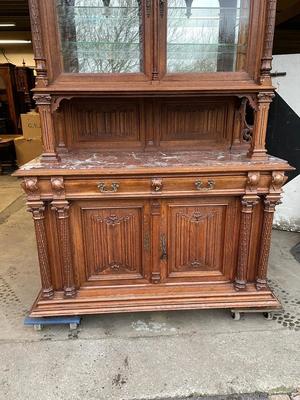 Cabinet  style Gothic - Style en Oak Wood / Marble / Glass, France 19 th century