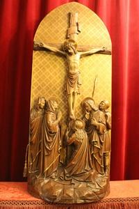 Calvary Scene.  style Gothic - style en fully hand-carved wood Oak. , Belgium. Atelier Bressers - Blanchaert. 19th century