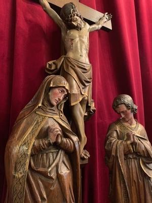 Calvary Scene Corpus Christi St. Mary & St. John  style Gothic - style en hand-carved wood polychrome, Belgium 19th century ( anno 1865 )