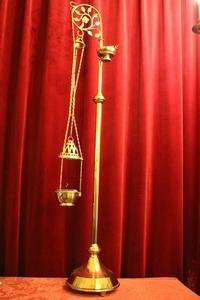 Censor - Stand Complete. Censer And Boat Incl Spoon. Slice Base 30 Cm. style Gothic - style en Brass / Bronze, Belgium 19th century