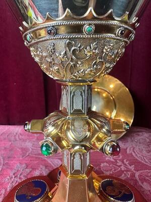 Chalice By: Bourdon style Gothic - Style en Full - Silver / Silver Marks Present / Polished and Varnished / Enamel, Gent - Belgium  19 th century ( Anno 1875 )