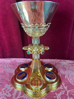 Chalice By: Bourdon style Gothic - Style en Full - Silver / Silver Marks Present / Polished and Varnished / Enamel, Gent - Belgium  19 th century ( Anno 1875 )