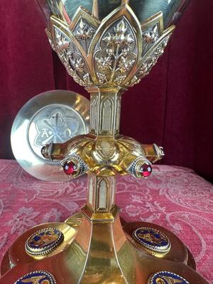 Chalice By: Bourdon Gent ! style Gothic - Style en Full - Silver / Silver Marks Present / Stones / Enamel, Gent - Belgium  19 th century ( Anno 1870 )
