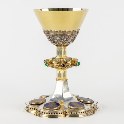 Chalice By: Bourdon Gent style Gothic - Style en Full - Silver / Silver Marks Present / Enamel, Gent - Belgium  19 th century