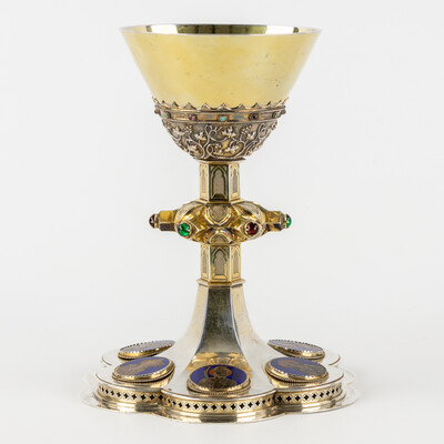 Chalice By: Bourdon Gent style Gothic - Style en Full - Silver / Silver Marks Present / Enamel, Gent - Belgium  19 th century