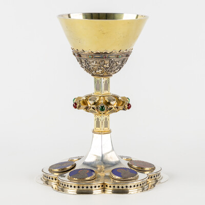 Chalice By: Bourdon Gent style Gothic - Style en Full - Silver / Silver Marks Present / Enamel, Gent - Belgium  19 th century