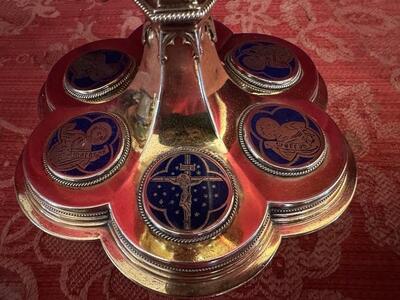 Chalice By: Bourdon Gent style Gothic - Style en Full Silver / Stones / Enamel / Silver Marks Present / Silver 800, Gent - Belgium  19 th century
