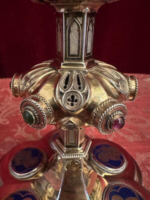 Chalice By: Bourdon Gent style Gothic - Style en Full Silver / Stones / Enamel / Silver Marks Present / Silver 800, Gent - Belgium  19 th century