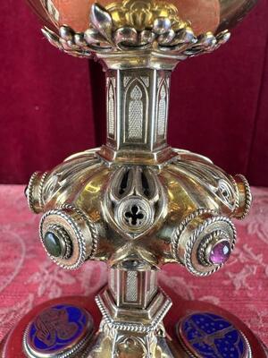 Chalice By: Bourdon Gent. style Gothic - Style en Full - Silver / Gilt /  Silver Marks Present / Stones / Enamel, Gent - Belgium  19 th century ( Anno 1870 )