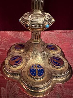 Chalice By: Bourdon Gent style Gothic - Style en Full - Silver / Silver Marks Present / Enamel / Stones, Gent - Belgium  19 th century ( Anno 1875 )